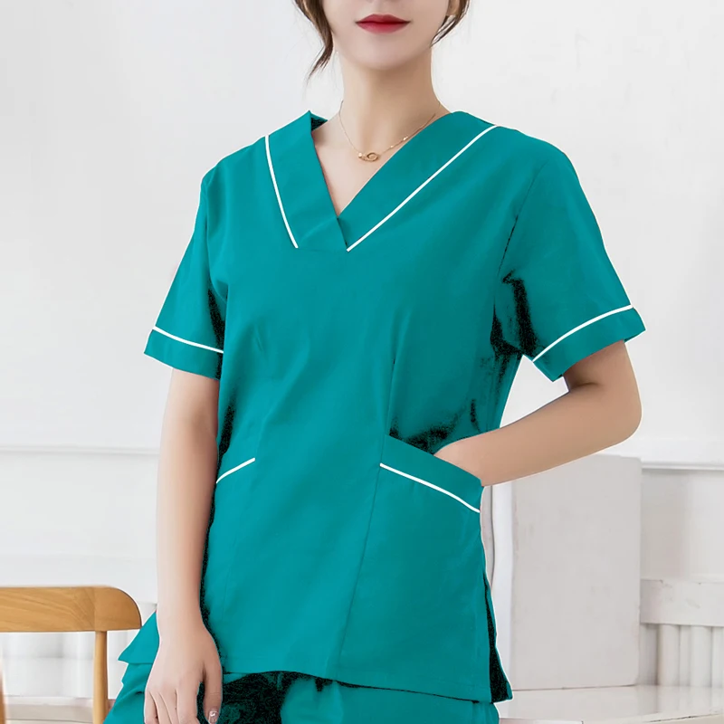 Women Scrub Top Plug Size Medical Uniforms V-Neck Spa Uniforms Short Sleeve Nursing Workwear Doctor Overalls Veterinary Cotton