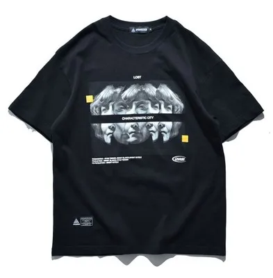 

han Men's Personality Face Spoof Printing Loose Drop Shoulder Short Sleeve T-Shirt Round Neck Cotton Half Sleeve