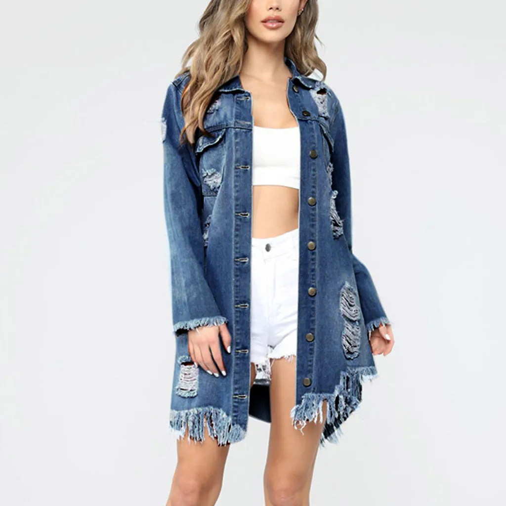 Женская Повседневная джинсовая куртка с длинным рукавом модная однотонная