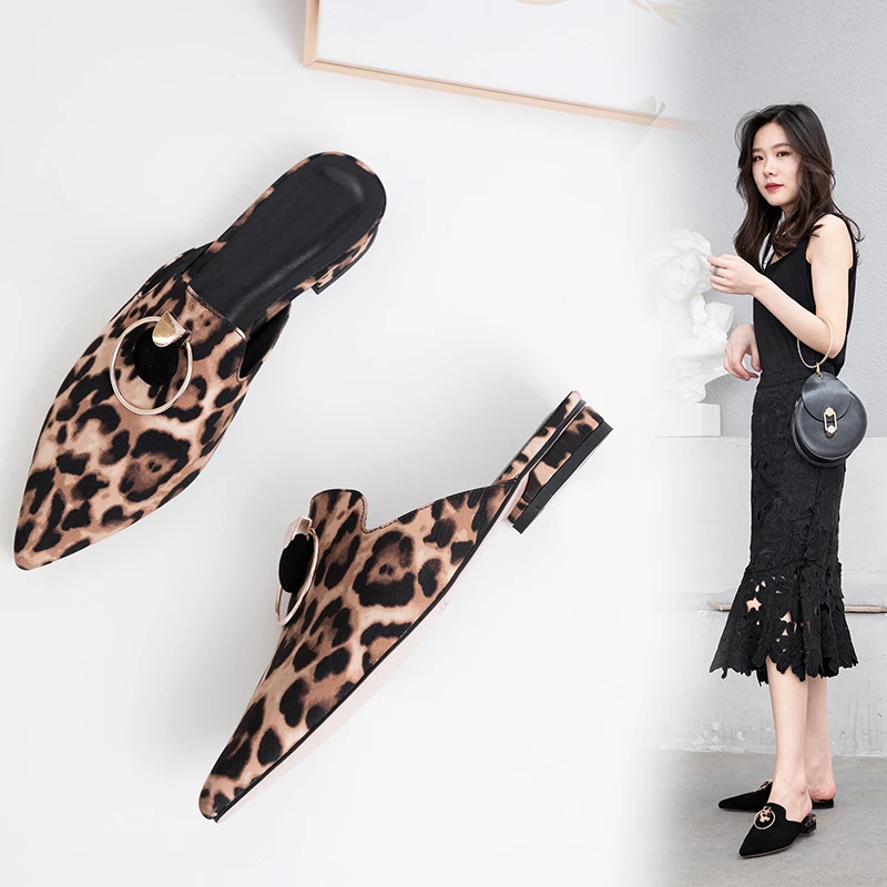 

Kmeioo Fashion Muller Shoes Women Spring Casual Pointed Toe Slippers Women Flip Comfort Slippers Leopard grain black flat shoes