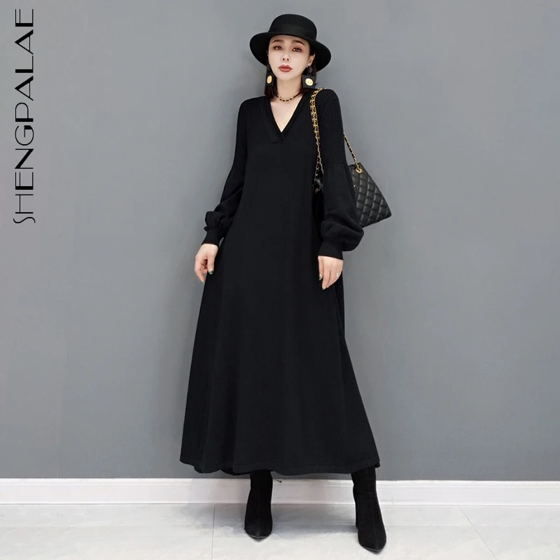 

SHENGPALAE Fashion Solid Color Knitted Derss Women's Autumn 2021 New V-neck Loose Long Sleeve Big Swing Mid-calf Dresses Female