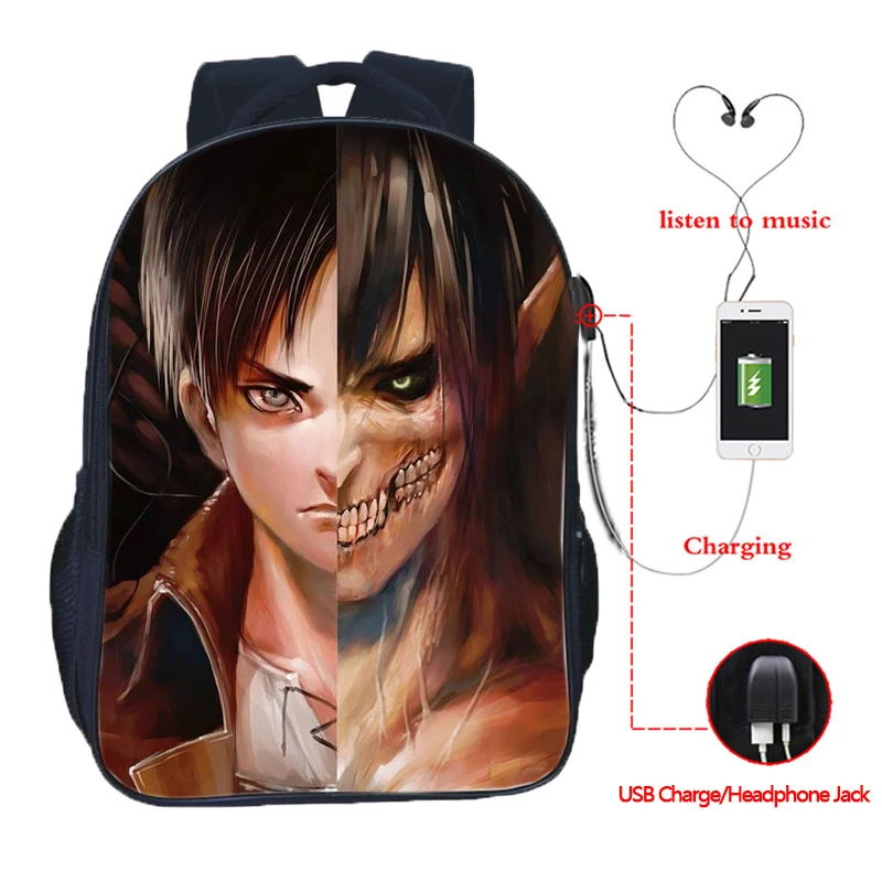 Рюкзак Attack On Titan Eren с разъемом USB для зарядки школьные сумки модная школьная сумка