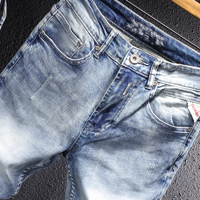 Italian Style Fashion Men Jeans Retro Light Blue Elastic Slim Fit Ripped Jeans Men Vintage Designer Casual Denim Pencil Pants