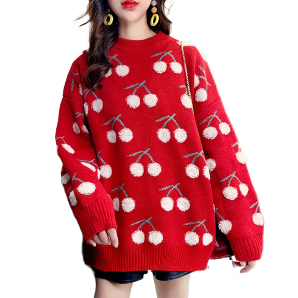 

Fanco New Red Christmas Sweater Women Cherry Casual Long Sleeve Pullover Knitted Kerst 2020 Autumn and Winter Lazy Korean Loose