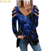 snake yx graphic tee woman tshirts rose printed long sleeve zipper v neck topsoft comfortable oversized t shirt goth