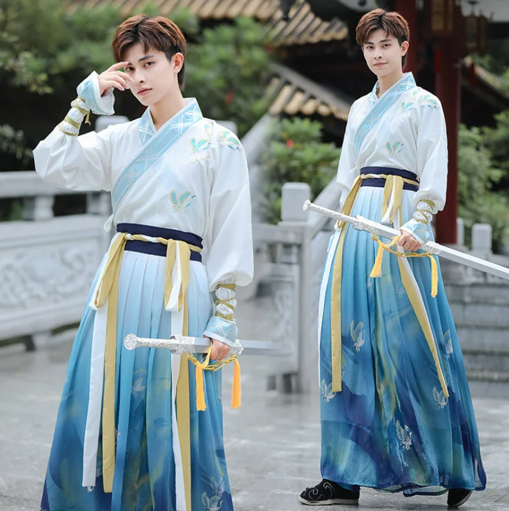 

Plus Size 4XL Hanfu Men Chinese Ancient Embroidery Hanfu Male Halloween Cosplay Costume Fancy Dress Hanfu Gradient Blue For Men