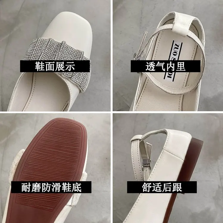 Women Closed Toe Square Heels Slip on Shoes Female Rhinestone Design Pumps Fashion Elegant Buckle Strap Sandals