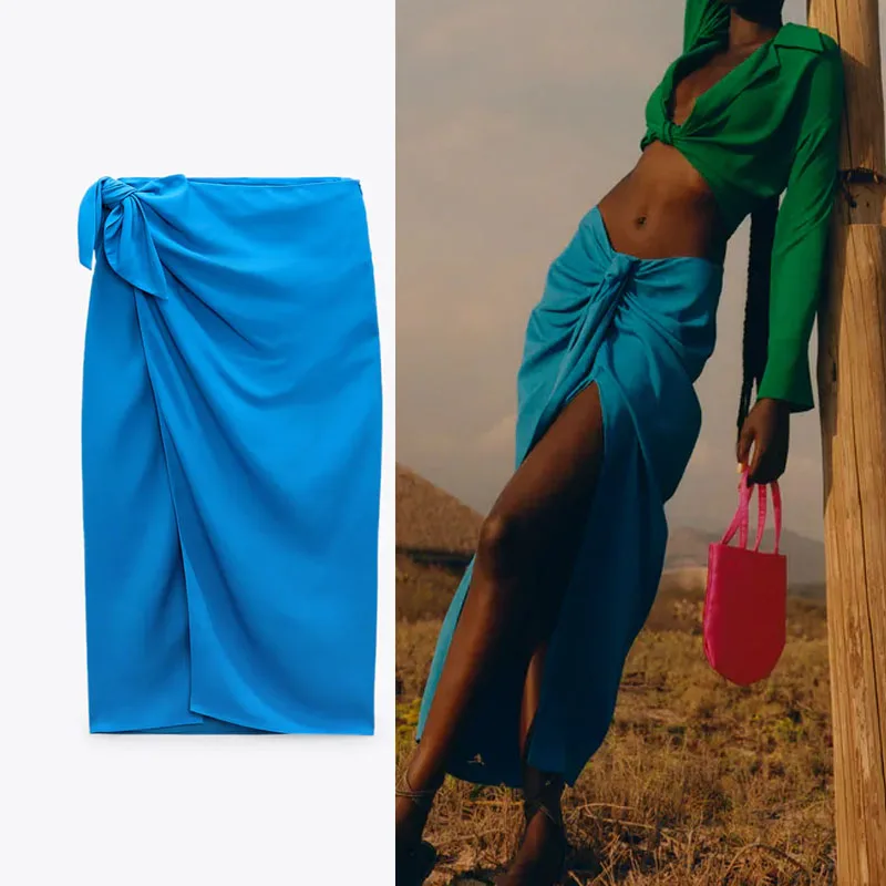 

2021 Blue Wrap Midi Summer Skirt Women Vintage High Waist Sarong Skirts Fashion Side Knotted Slit Ruched Woman Skirt Mujer
