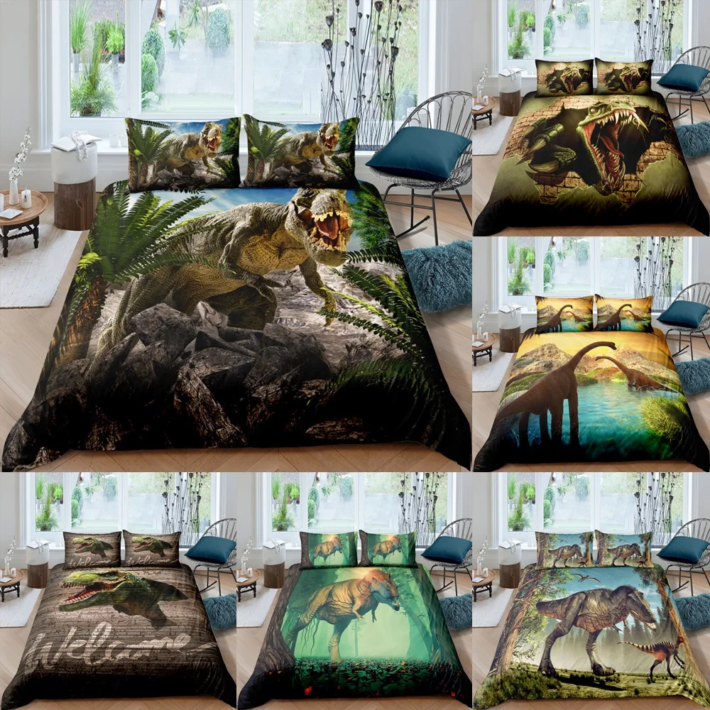 

3D Dinosaur Duvet Cover Primeval Forest Lake Bedding Set Pillowcase Children Boy Animal Quilt Covers Home Bedclothes Double King
