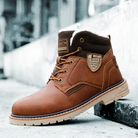 male winter warming ankle snow boots with plush genuine leather casual shoes with shield emblem non silp mens climbing shoes