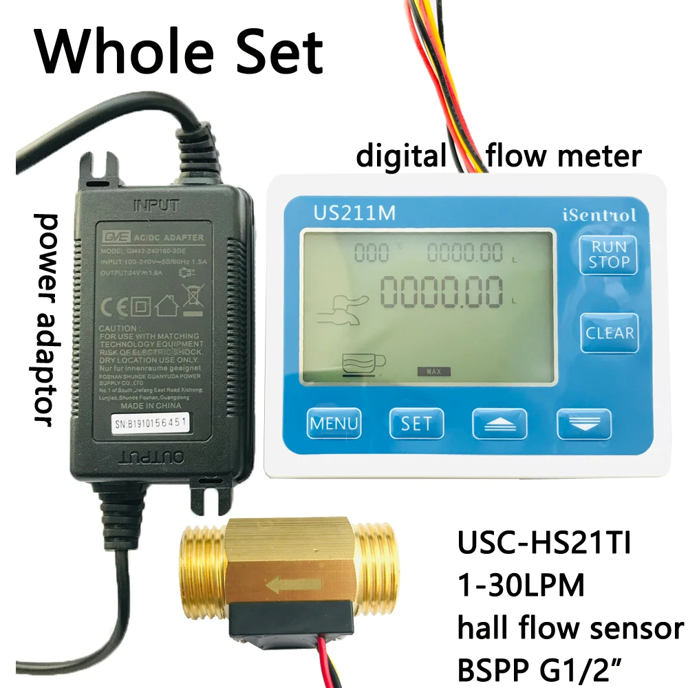 

US211M Water Flow Meter Digital Hall Water Flow Sensor Reader with Brass USC-HS21TI 1-30L/min hall water flowmeter turbine