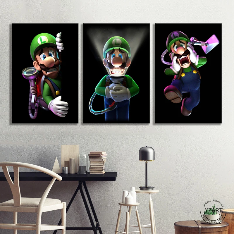 3 Панели Mario Bros Luigis, Мультяшные картины, настенные картины, декор для спальни, Luigis Mansion, 3 видеоигры, искусство, декор для стен, живопись
