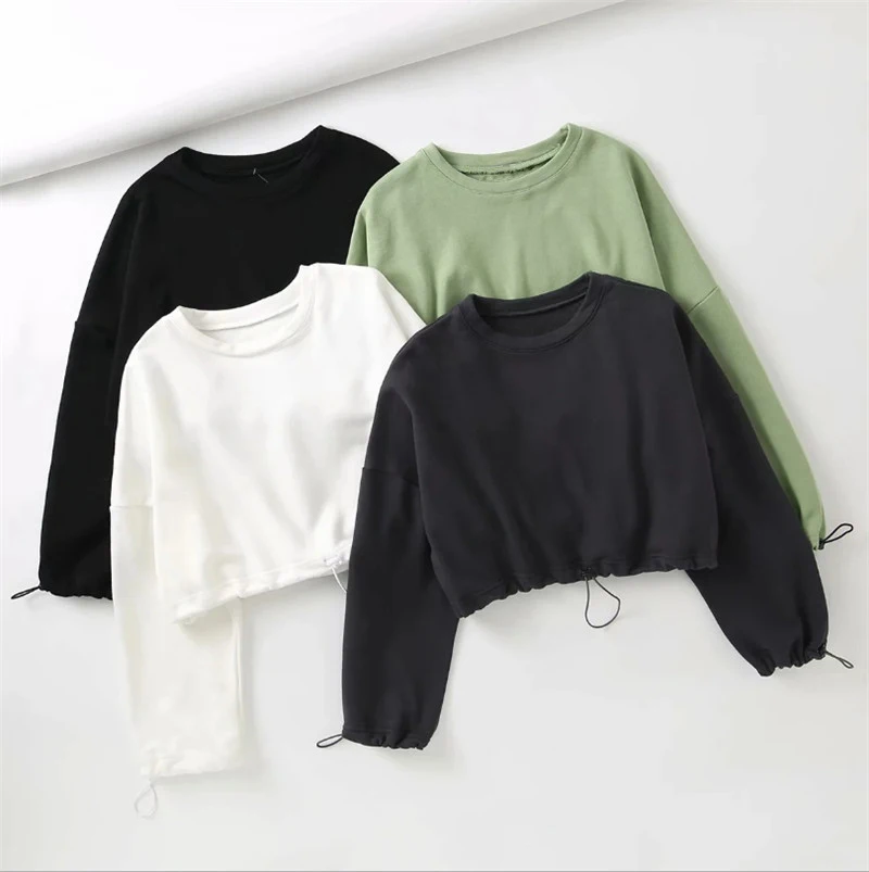

New Women's Sweatshirts Solid Casual Plain Crops Tops Long sleeve Round Neck Pullovers Autumn Spring Sweatshirt Outwear S-XXL