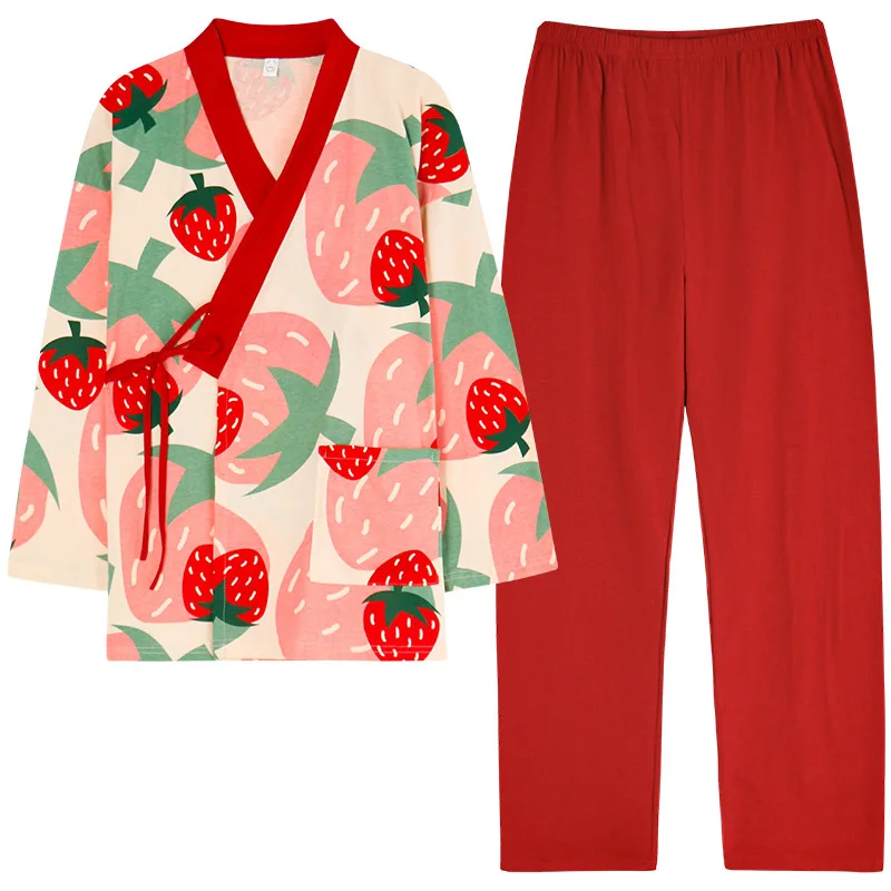 

Girl Pajama Suit Long Sleeve Trousers Homewear Japanese Kimono Cute Harajuku Cartoons Cardigan Two Piece Set Summer Sleepwear