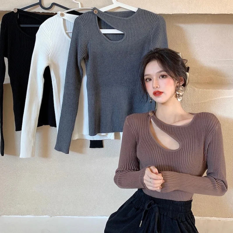 

Design Creative Machine off-Shoulder Solid Color Inner Wear Bottoming Shirt 2021 Early Spring New Long Sleeve Pullover Knitted