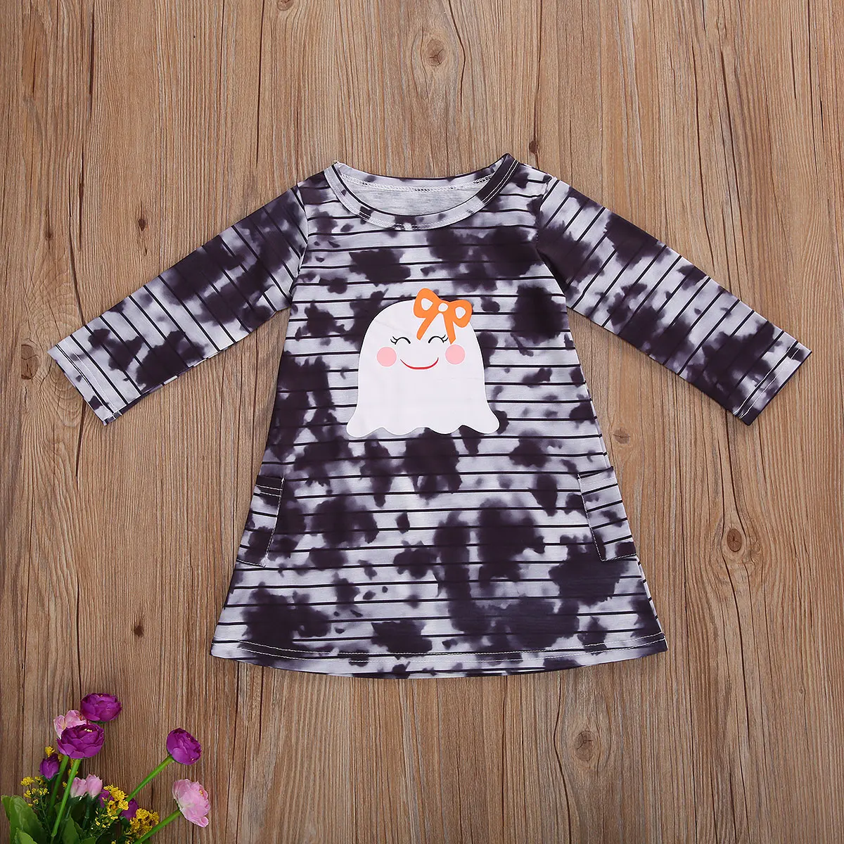 

Girls Halloween Tie Dye Printed Baby Girls Dress Long Sleeve Cartoon Print Knee Length Dress
