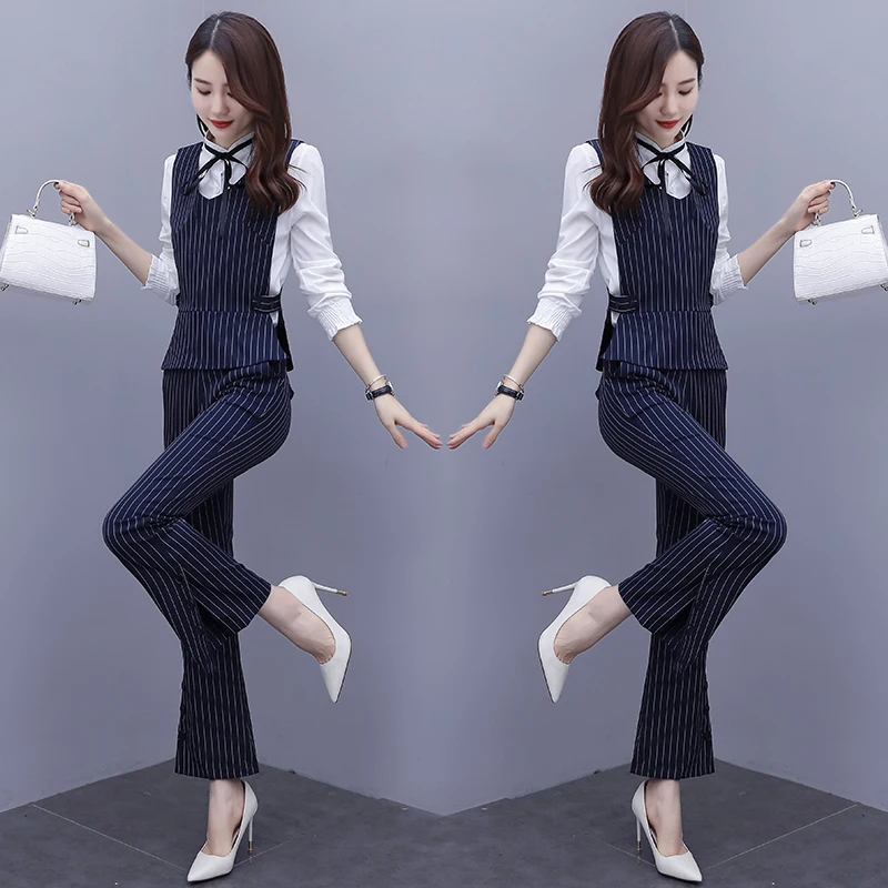 Женский модный полосатый жилет большого размера 2020 белая рубашка + штаны костюмы