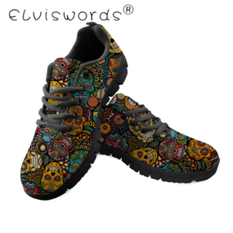 ELVISWORDS/Женская обувь на плоской подошве; кроссовки на шнуровке с изображением сахарного черепа; женская обувь для медсестры; прогулочная обувь для взрослых; sapato feminino
