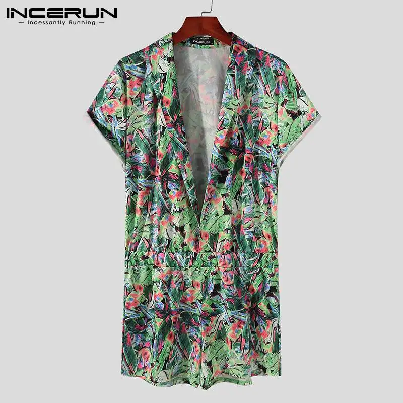 

INCERUN Men Printing Rompers V Neck Short Sleeve Casual Hawaiian Jumpsuits Streetwear Vacation Breathable Men Playsuits S-5XL