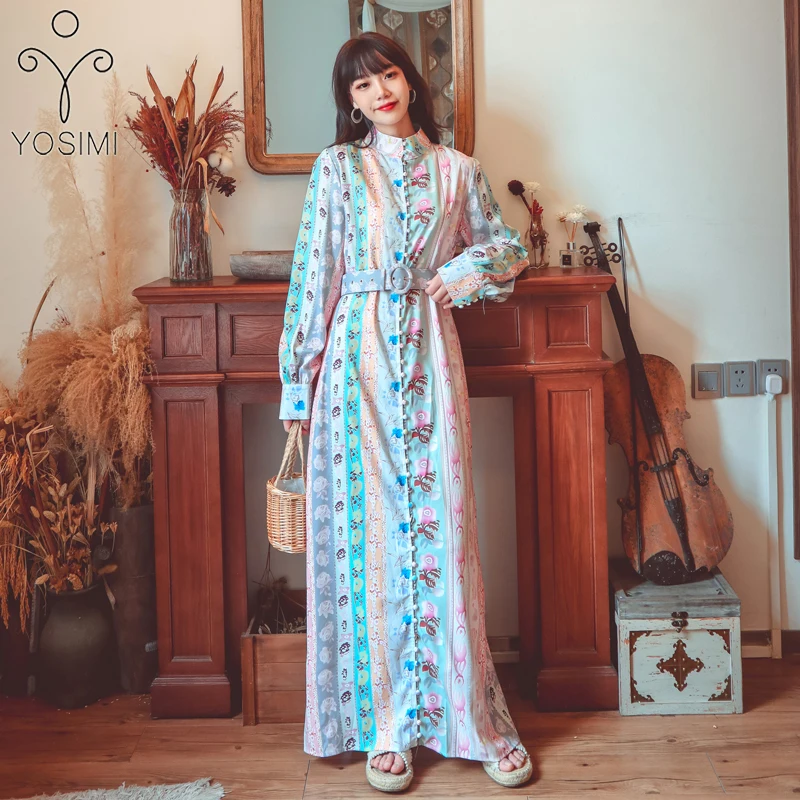 

YOSIMI Vintage Long Women Dress 2021 Spring Summer Flower Print Stand-neck Loose Straight Ankle-length Long Sleeve Shirt Dresses