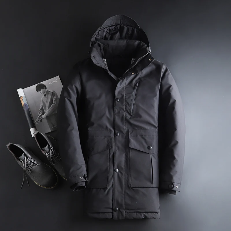 Мужская длинная куртка с капюшоном толстая теплая зимняя ветрозащитная 90%