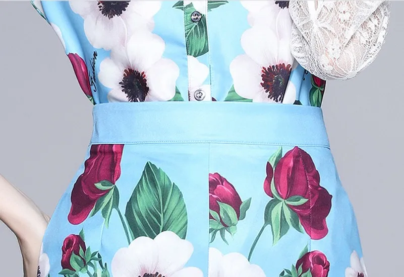 

2021 Summer Women Floral Print Splicing Lace Long Sleeve Shirt Top + High Waist Wide Leg Shorts 2 Pieces Sets
