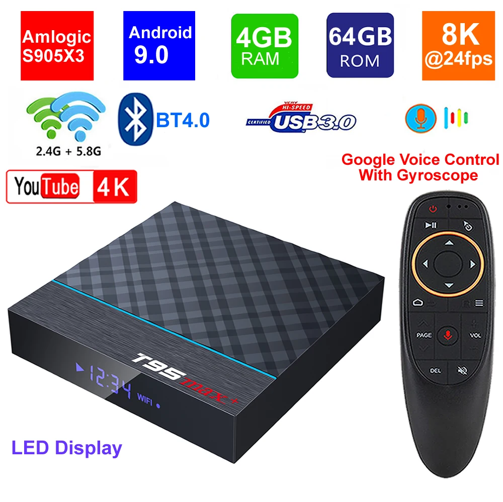 Приставка Смарт ТВ T95 MAX Plus Android 9 0 Amlogic S905X3 4 + 64 ГБ 5 ГГц Wi Fi BT4.0 USB 3 HDR 8K|ТВ-приставки и