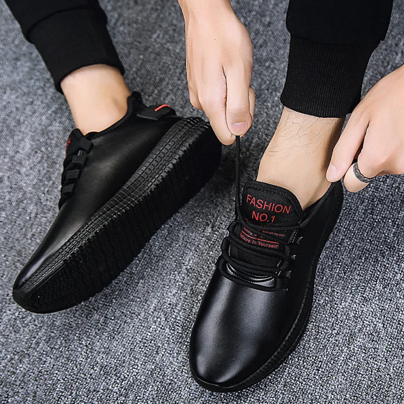 MRCAVE Men Leather Shoes Soft Casual Sneakers Waterproof Running Walking Anti-slip Sole Breathable Comfort Black | Обувь