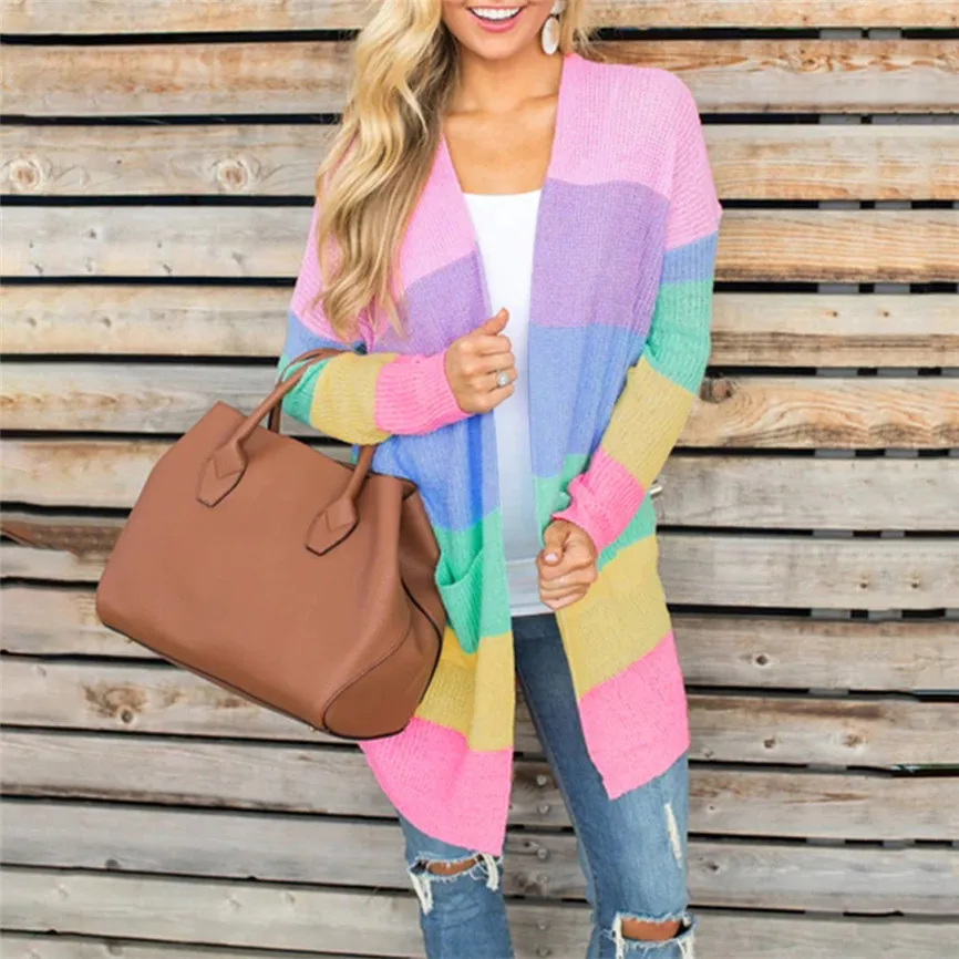 2019 осенне-зимнее вязаное Женское пальто вязаный кардиган в полоску с радужным