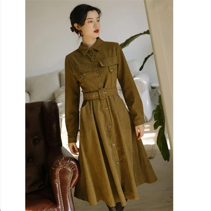 

Corduroy Long Sleeve Red Dress Women 2020 Autumn Winter New French Vintage Lapel High Waist Belted Button Long A-line Dress