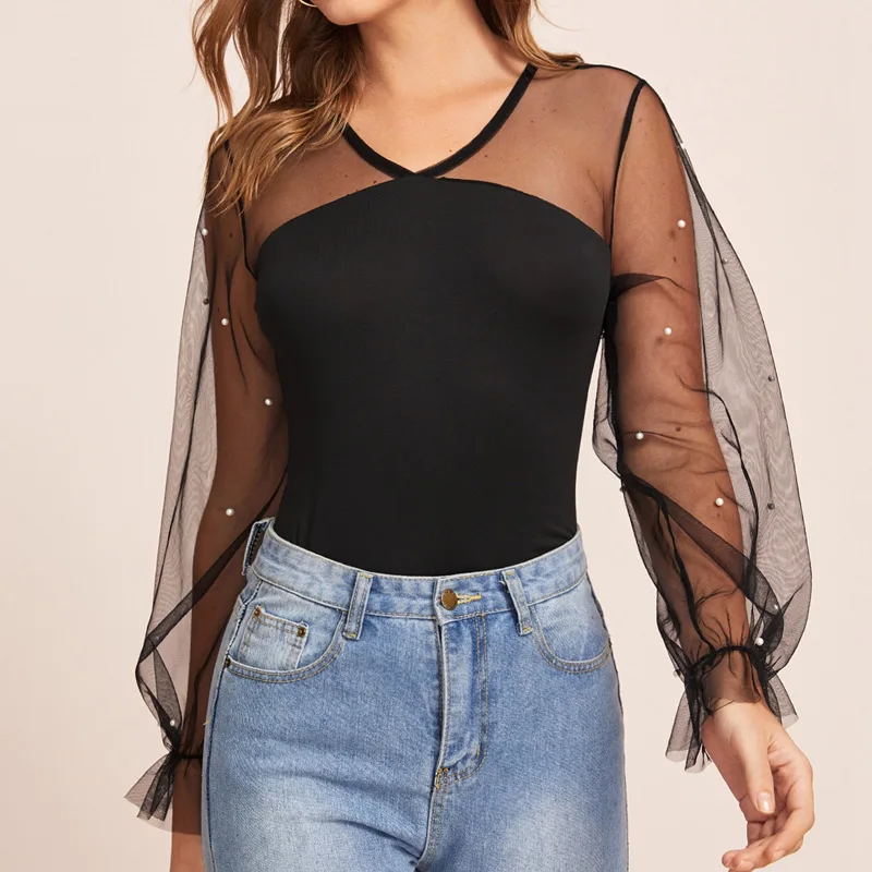 

Модная европейская Повседневная Сетчатая футболка с пэчворком и бисером, женские черные футболки с длинным рукавом и V-образным вырезом, же...