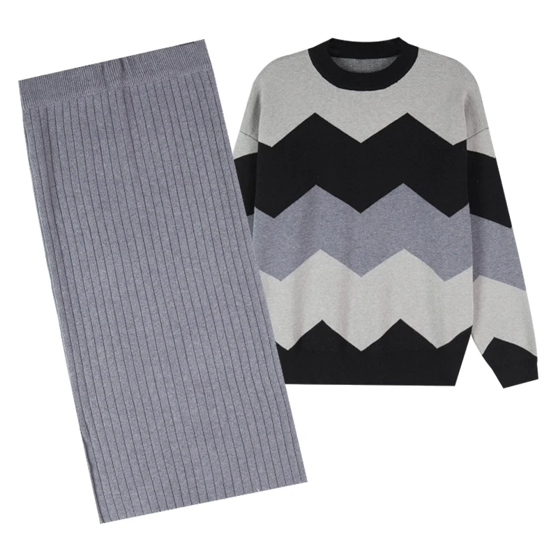 Casual Female Knitted Two-pieces Suits Waves Print Sweater+ Pencil Skirt Suits for Woman Winter New Warm Knit Sets Women
