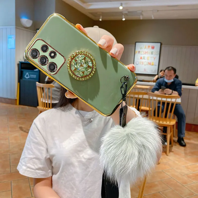 

Diamond Ring Bracket Plating Hairball Phone Case For Samsung A71 A90 A51 5G A81 A70 A50 A41 A40 A30 A21 A20 M80s M60s Soft Cover