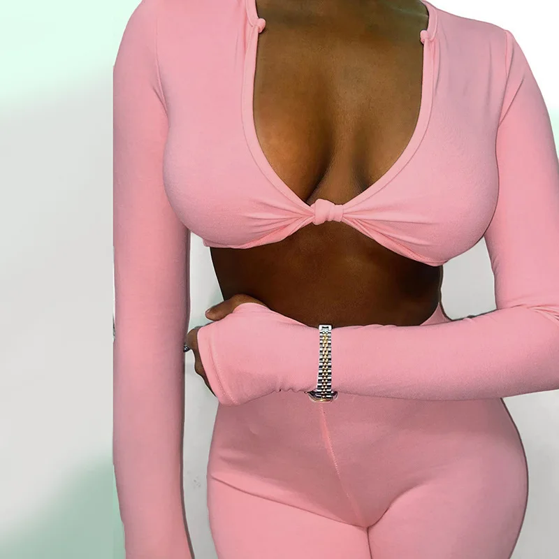 

Sexy Sports Suits for Women Solid Color Long Sleeve 4 Way Stretch Exposed Navel Tank Tops Athletic Gym Leggings Tights Gym Wear