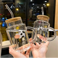 cute cow glass water bottle with straw with wood lid milk juice cup breakfast home office water cups
