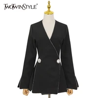 twotwinstyle black blazers for women v neck long sleeve side split slim designer coats female 2021 spring clothing fashion new