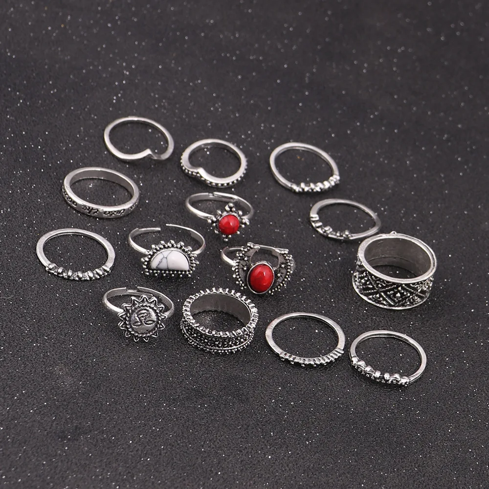 14 шт./компл. Ретро Античное серебряное очаровательное кольцо с красной