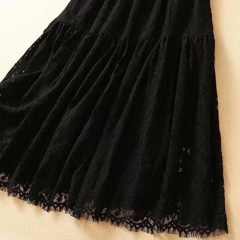

Long Midi Brand Designer Autumn New Women Fashion Party Dress Casual Elegant Chic High Quality Lace Ruffle Black White Dresses