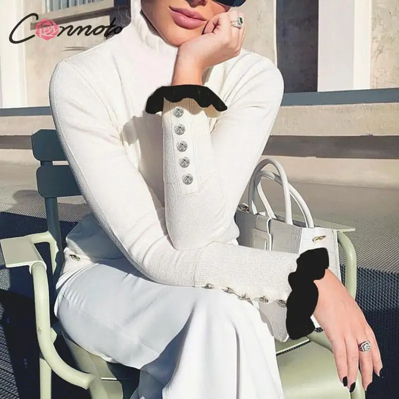 Conmoto Ruffle Harajuku 2019 Winter Sweater Women Knitted Turtle White Slim Kroean Ladies Mujer Pullover | Женская одежда