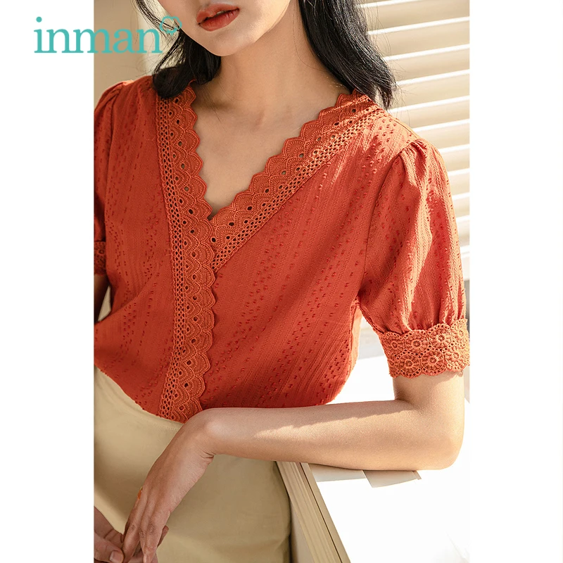 

INMAN Summer Women's Blouse Elegant Lady Literary Sweet Style Top Stitching Cross V-Neck Woven Lace Cuff Jacquard Pullover Shirt