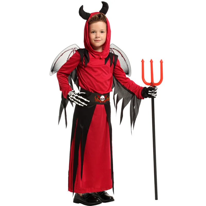 

M-XL Red Boys Halloween Demon Costumes Kids Children Hell Devil Scary Cosplay Carnival Purim Stage Play Masquerade Party Dress