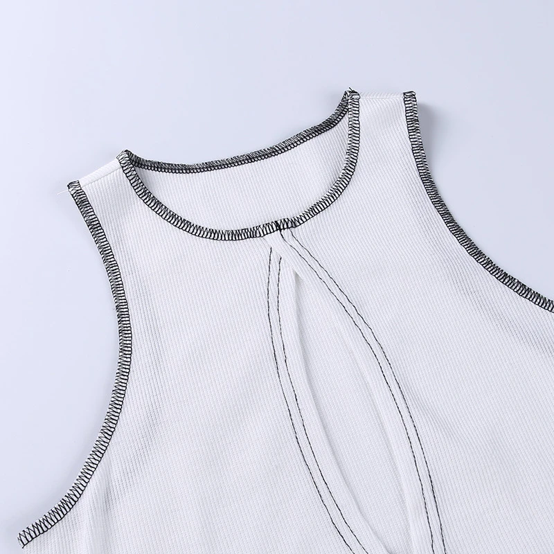 

Y2K Sexy Women Hollow Out Casual Cropped T Shirt Tops Summer Black White Fashion Club O Neck Skinny Tank Tops Basic Tees 2021