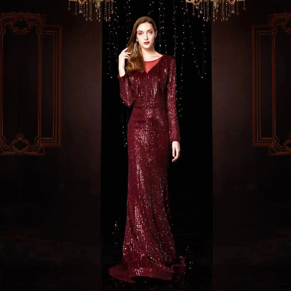 

Lakshmigown Sparkly Burgundy Sequin Dress Night Dinner Party Evening Gowns 2021 Robe Sexy Women Long Sleeve Elegant Prom Dress