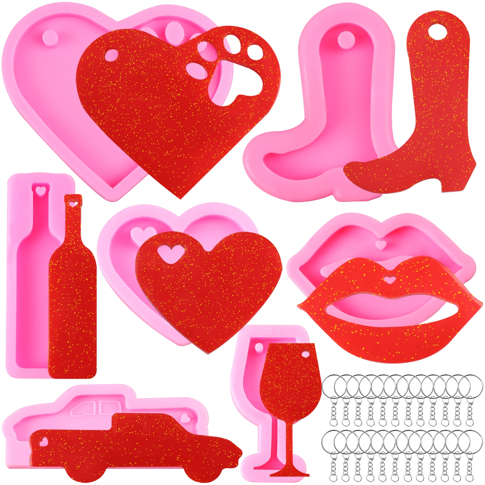 Couples Keychains Molds 7 Pcs Keychain Silicone Molds with 20 Key Rings Lip