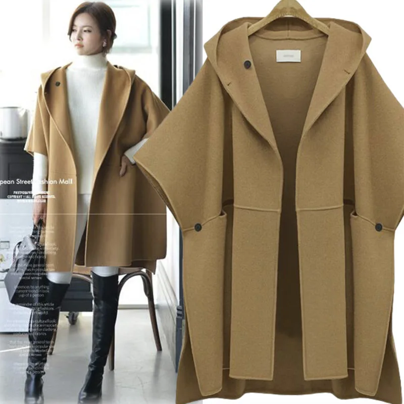 Женская шерстяная накидка с капюшоном элегантная офисная куртка большого