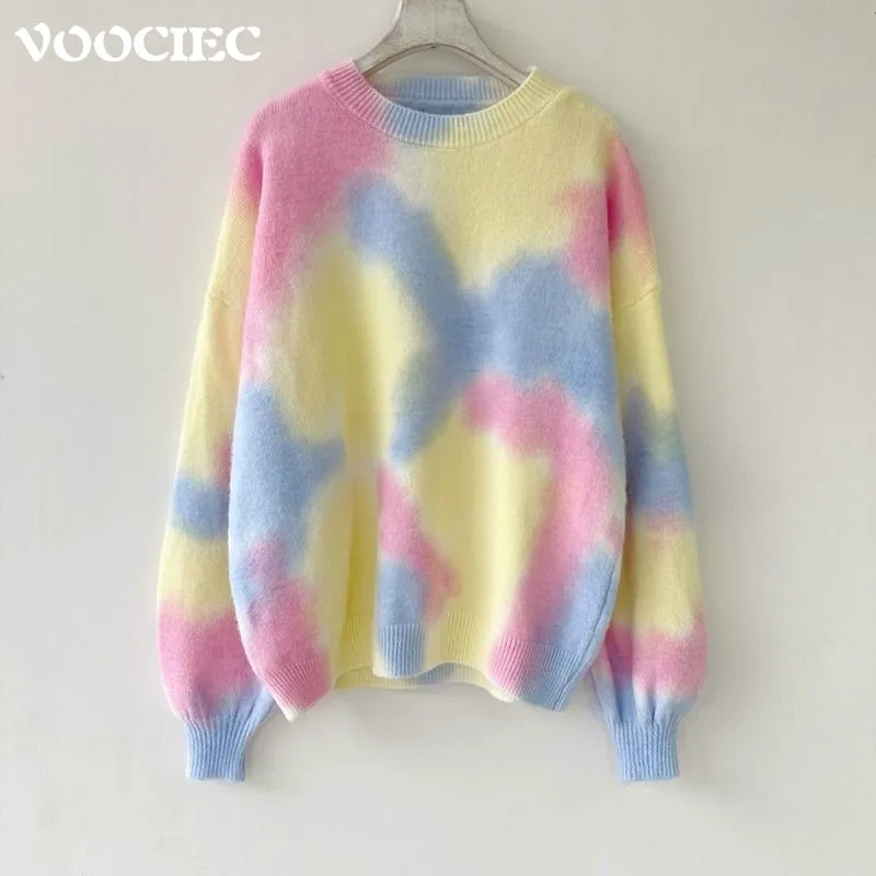 

VOOCIEC Japanese Sweet Fresh Girl Sweater Rainbow Color Smudge Fashion Sweet Sweater Puff Sleeve College Style Girly Sweater