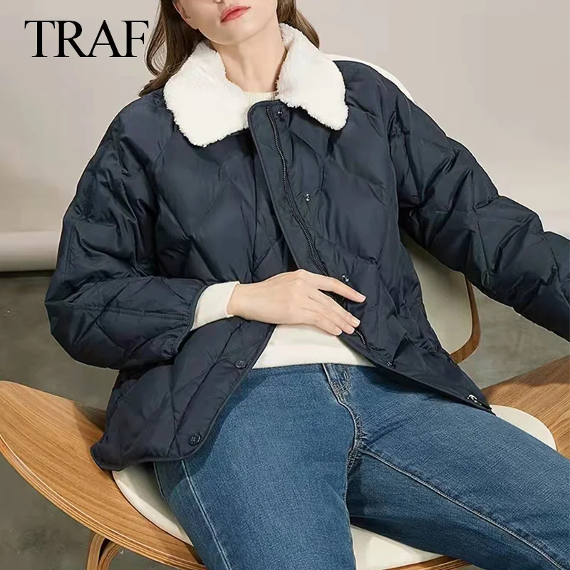 

TRAF ZA 2021 Women's Winter Jacket Long Sleeve Lamb Fleece Collar Women's Short Winter Warm Jacket Coat Cotton Coat Streetwear