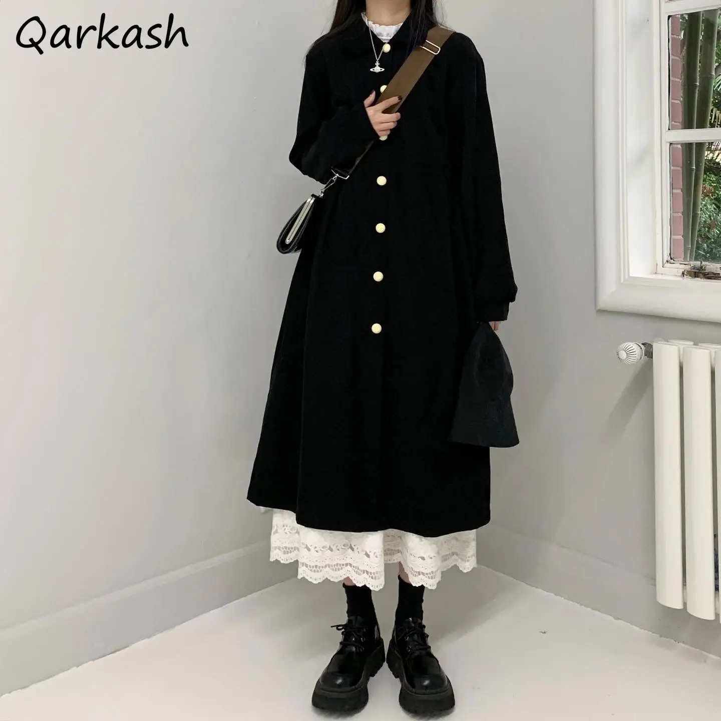 

Женское простое однобортное платье Ulzzang, черное платье с длинным рукавом и кружевом в стиле ретро, весна