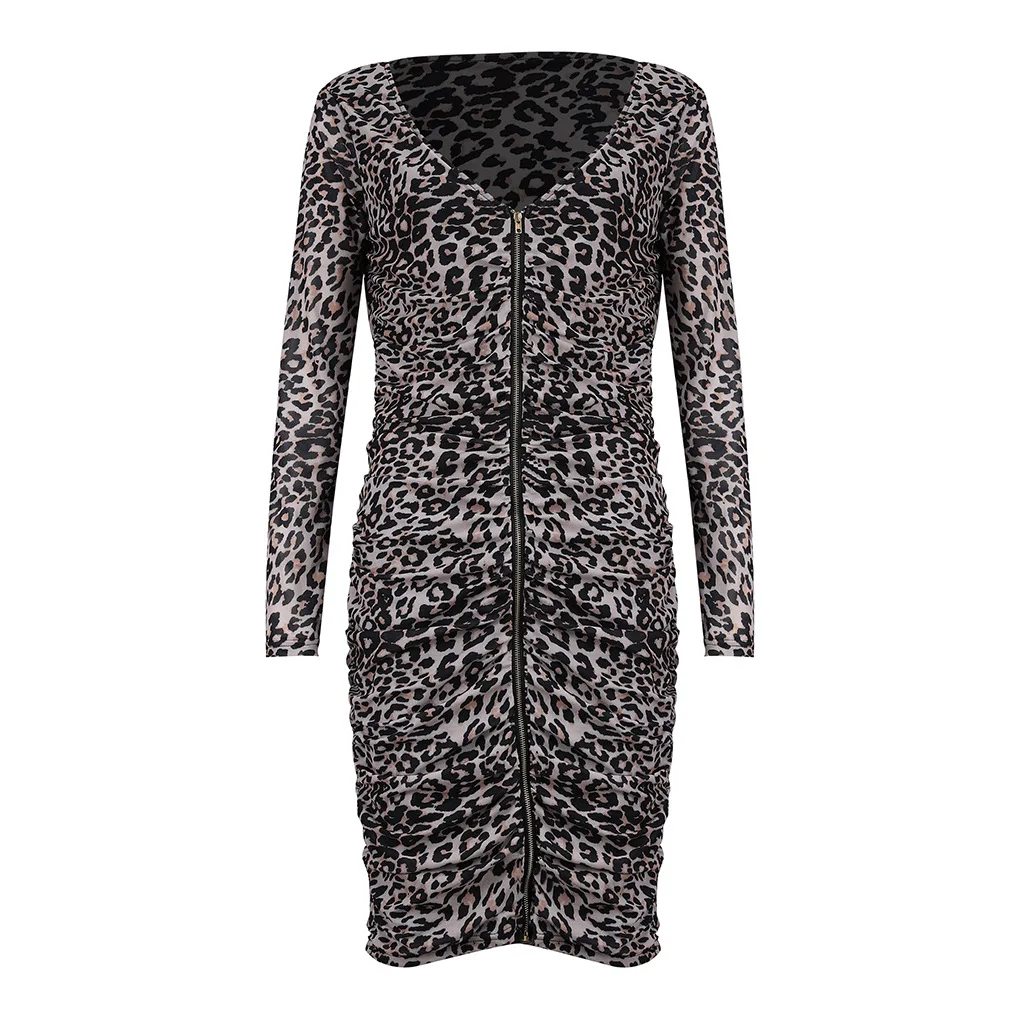 2019 женское сексуальное мини-платье с длинным рукавом на молнии леопардовым