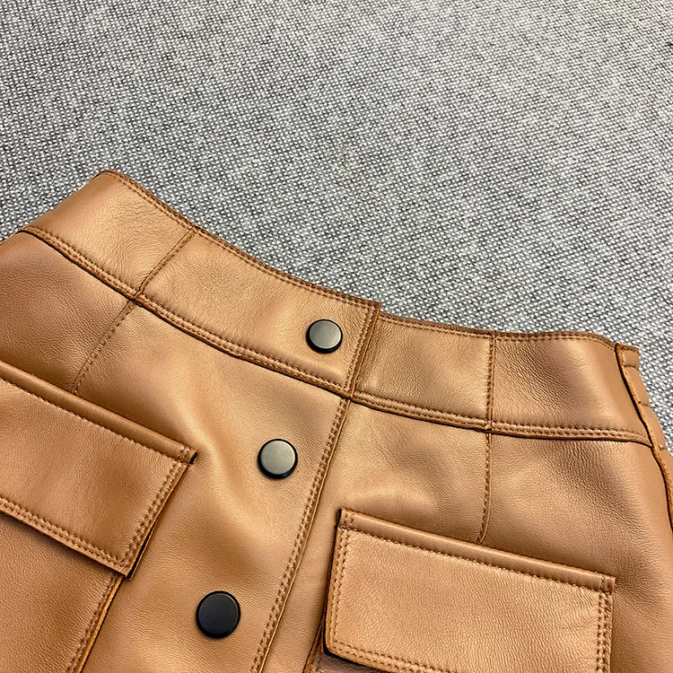 Spring Autumn High quality Sheepskin Real leather short pants Fashion women's casual genuine leather pockets pantskirt C634